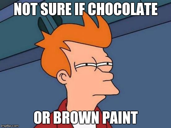Futurama Fry Meme | NOT SURE IF CHOCOLATE OR BROWN PAINT | image tagged in memes,futurama fry | made w/ Imgflip meme maker