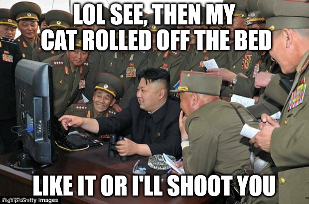 kim jong un's computer  | LOL SEE, THEN MY CAT ROLLED OFF THE BED LIKE IT OR I'LL SHOOT YOU | image tagged in kim jong un's computer  | made w/ Imgflip meme maker