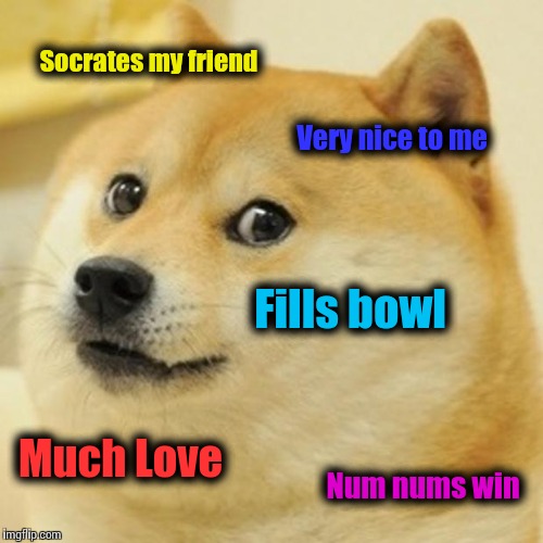 Doge Meme | Socrates my friend Very nice to me Fills bowl Much Love Num nums win | image tagged in memes,doge | made w/ Imgflip meme maker