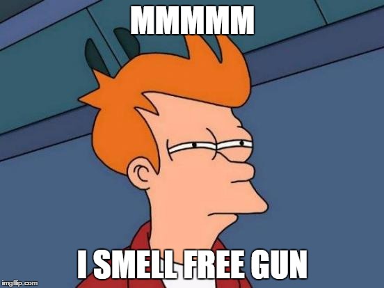Futurama Fry | MMMMM I SMELL FREE GUN | image tagged in memes,futurama fry | made w/ Imgflip meme maker