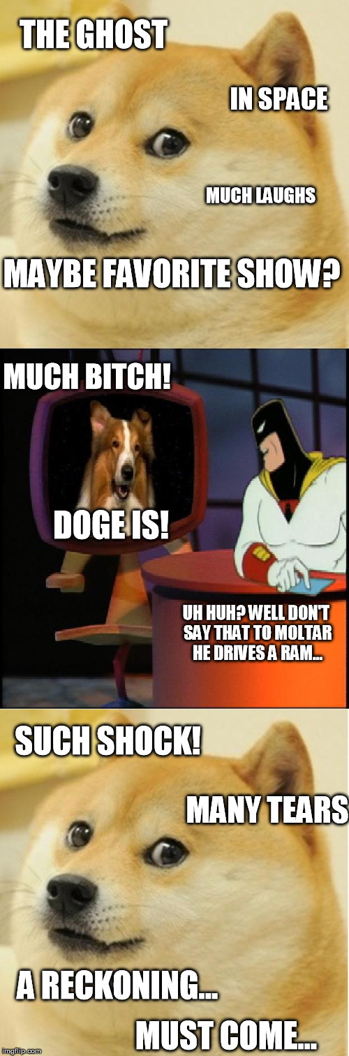 Well technically Doge, Lassie is right... | THE GHOST IN SPACE MUCH LAUGHS MAYBE FAVORITE SHOW? MUCH B**CH! DOGE IS! UH HUH? WELL DON'T SAY THAT TO MOLTAR HE DRIVES A RAM... SUCH SHOCK | image tagged in doge is a bitch 3,doge,space ghost,reckoning | made w/ Imgflip meme maker