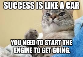 Success Cat | SUCCESS IS LIKE A CAR YOU NEED TO START THE ENGINE TO GET GOING. | image tagged in success cat | made w/ Imgflip meme maker