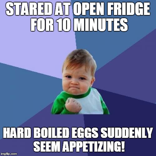 Success Kid Meme | STARED AT OPEN FRIDGE FOR 10 MINUTES HARD BOILED EGGS SUDDENLY SEEM APPETIZING! | image tagged in memes,success kid | made w/ Imgflip meme maker