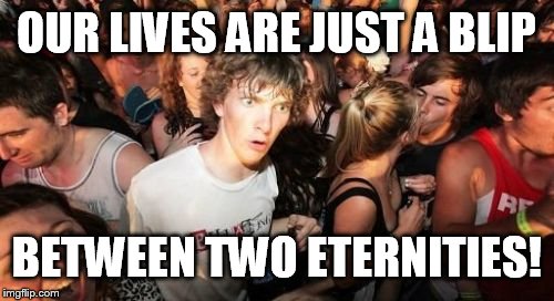 Sudden Clarity Clarence | OUR LIVES ARE JUST A BLIP BETWEEN TWO ETERNITIES! | image tagged in memes,sudden clarity clarence | made w/ Imgflip meme maker