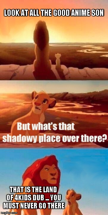 Simba Shadowy Place Meme | LOOK AT ALL THE GOOD ANIME SON THAT IS THE LAND OF 4KIDS DUB ... YOU MUST NEVER GO THERE | image tagged in memes,simba shadowy place | made w/ Imgflip meme maker