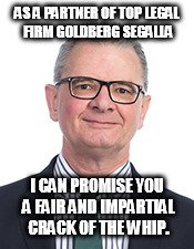 AS A PARTNER OF TOP LEGAL FIRM GOLDBERG SEGALLA I CAN PROMISE YOU A FAIR AND IMPARTIAL CRACK OF THE WHIP. | made w/ Imgflip meme maker