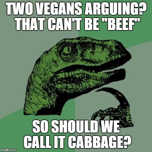 Philosoraptor Meme | TWO VEGANS ARGUING? THAT CAN'T BE "BEEF" SO SHOULD WE CALL IT CABBAGE? | image tagged in memes,philosoraptor | made w/ Imgflip meme maker