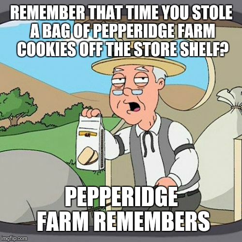 Pepperidge Farm Remembers Meme | REMEMBER THAT TIME YOU STOLE A BAG OF PEPPERIDGE FARM COOKIES OFF THE STORE SHELF? PEPPERIDGE FARM REMEMBERS | image tagged in memes,pepperidge farm remembers | made w/ Imgflip meme maker