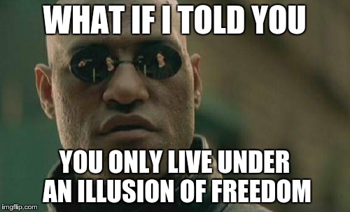 Matrix Morpheus | WHAT IF I TOLD YOU YOU ONLY LIVE UNDER AN ILLUSION OF FREEDOM | image tagged in memes,matrix morpheus | made w/ Imgflip meme maker
