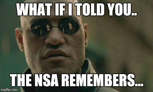 Matrix Morpheus Meme | WHAT IF I TOLD YOU.. THE NSA REMEMBERS... | image tagged in memes,matrix morpheus | made w/ Imgflip meme maker