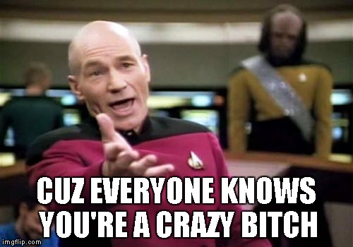 Picard Wtf Meme | CUZ EVERYONE KNOWS YOU'RE A CRAZY B**CH | image tagged in memes,picard wtf | made w/ Imgflip meme maker