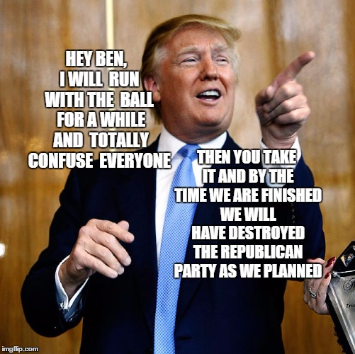 Donald Trump | HEY BEN,   I WILL  RUN  WITH THE  BALL  FOR A WHILE  AND  TOTALLY CONFUSE  EVERYONE THEN YOU TAKE IT AND BY THE TIME WE ARE FINISHED WE WILL | image tagged in donald trump,ben carson,republicans | made w/ Imgflip meme maker