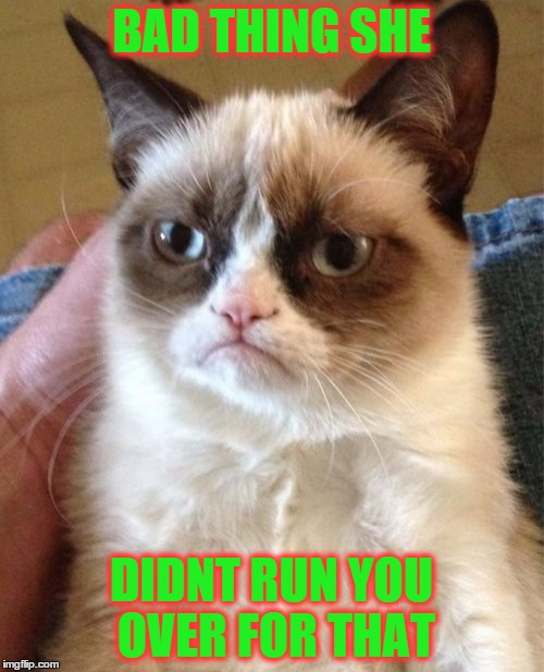 Grumpy Cat Meme | BAD THING SHE DIDNT RUN YOU OVER FOR THAT | image tagged in memes,grumpy cat | made w/ Imgflip meme maker