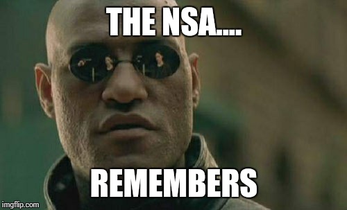 Matrix Morpheus Meme | THE NSA.... REMEMBERS | image tagged in memes,matrix morpheus | made w/ Imgflip meme maker