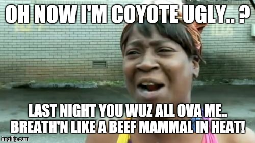 Ain't Nobody Got Time For That Meme | OH NOW I'M COYOTE UGLY.. ? LAST NIGHT YOU WUZ ALL OVA ME.. BREATH'N LIKE A BEEF MAMMAL IN HEAT! | image tagged in memes,aint nobody got time for that | made w/ Imgflip meme maker