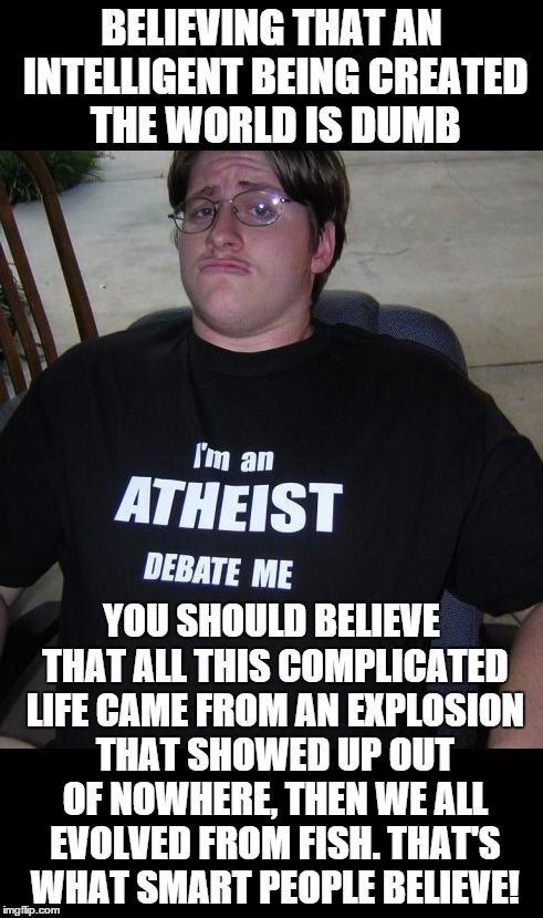 atheist | BELIEVING THAT AN INTELLIGENT BEING CREATED THE WORLD IS DUMB YOU SHOULD BELIEVE THAT ALL THIS COMPLICATED LIFE CAME FROM AN EXPLOSION THAT  | image tagged in atheist | made w/ Imgflip meme maker
