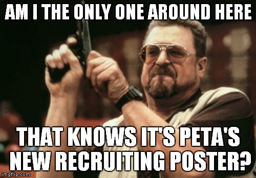 Am I The Only One Around Here Meme | AM I THE ONLY ONE AROUND HERE THAT KNOWS IT'S PETA'S NEW RECRUITING POSTER? | image tagged in memes,am i the only one around here | made w/ Imgflip meme maker