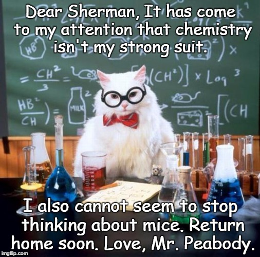 Mr. Purrbody | Dear Sherman, It has come to my attention that chemistry isn't my strong suit. I also cannot seem to stop thinking about mice. Return home s | image tagged in memes,chemistry cat,mr peabody and sherman | made w/ Imgflip meme maker