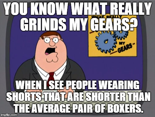 Why not just put on a bikini. Seriously. | YOU KNOW WHAT REALLY GRINDS MY GEARS? WHEN I SEE PEOPLE WEARING SHORTS THAT ARE SHORTER THAN THE AVERAGE PAIR OF BOXERS. | image tagged in memes,peter griffin news | made w/ Imgflip meme maker