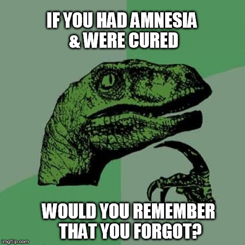 Philosoraptor | IF YOU HAD AMNESIA & WERE CURED WOULD YOU REMEMBER THAT YOU FORGOT? | image tagged in memes,philosoraptor | made w/ Imgflip meme maker