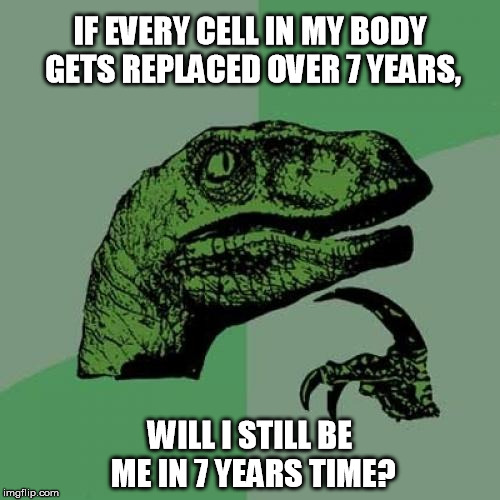 Philosoraptor | IF EVERY CELL IN MY BODY GETS REPLACED OVER 7 YEARS, WILL I STILL BE ME IN 7 YEARS TIME? | image tagged in memes,philosoraptor | made w/ Imgflip meme maker
