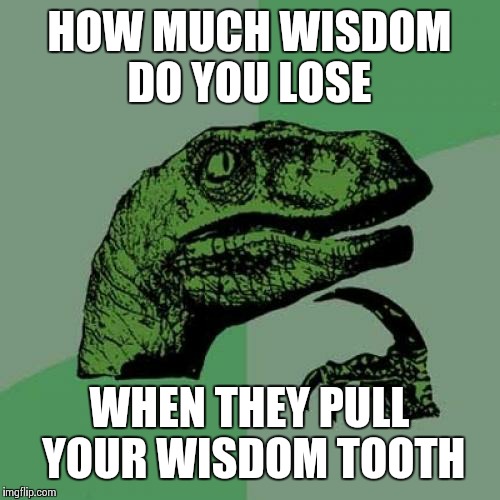 Philosoraptor | HOW MUCH WISDOM DO YOU LOSE WHEN THEY PULL YOUR WISDOM TOOTH | image tagged in memes,philosoraptor | made w/ Imgflip meme maker
