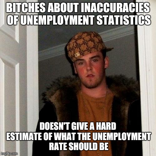 Scumbag Steve Meme | B**CHES ABOUT INACCURACIES OF UNEMPLOYMENT STATISTICS DOESN'T GIVE A HARD ESTIMATE OF WHAT THE UNEMPLOYMENT RATE SHOULD BE | image tagged in memes,scumbag steve | made w/ Imgflip meme maker