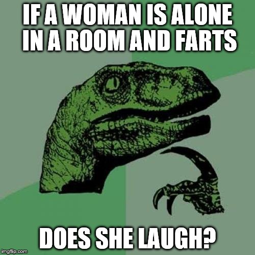 We know the answer for a man... | IF A WOMAN IS ALONE IN A ROOM AND FARTS DOES SHE LAUGH? | image tagged in memes,philosoraptor,woman,farts | made w/ Imgflip meme maker