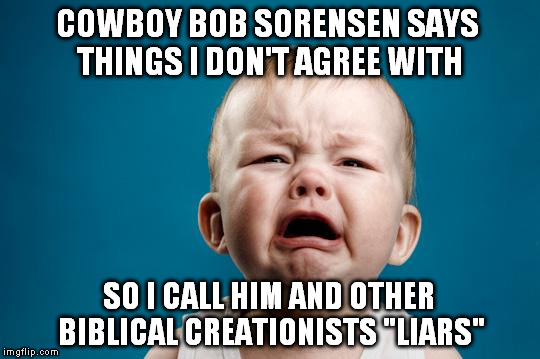 BABY CRYING | COWBOY BOB SORENSEN SAYS THINGS I DON'T AGREE WITH SO I CALL HIM AND OTHER BIBLICAL CREATIONISTS "LIARS" | image tagged in baby crying | made w/ Imgflip meme maker