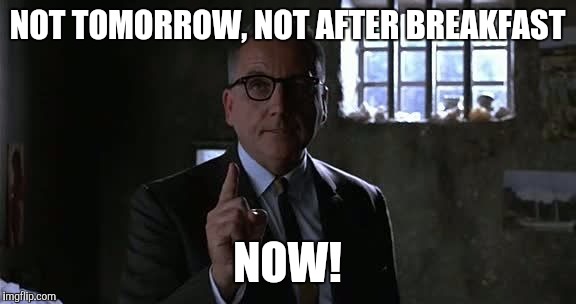 NOT TOMORROW, NOT AFTER BREAKFAST NOW! | image tagged in impatient man | made w/ Imgflip meme maker