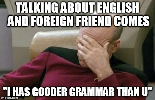 Captain Picard Facepalm Meme | TALKING ABOUT ENGLISH AND FOREIGN FRIEND COMES "I HAS GOODER GRAMMAR THAN U" | image tagged in memes,captain picard facepalm | made w/ Imgflip meme maker