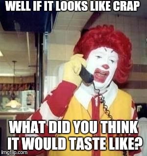 McAngry | WELL IF IT LOOKS LIKE CRAP WHAT DID YOU THINK IT WOULD TASTE LIKE? | image tagged in mcangry | made w/ Imgflip meme maker