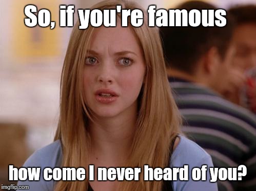 OMG Karen | So, if you're famous how come I never heard of you? | image tagged in memes,omg karen | made w/ Imgflip meme maker
