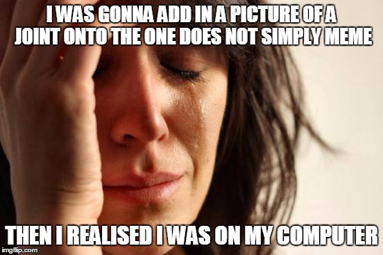 First World Problems Meme | I WAS GONNA ADD IN A PICTURE OF A JOINT ONTO THE ONE DOES NOT SIMPLY MEME THEN I REALISED I WAS ON MY COMPUTER | image tagged in memes,first world problems | made w/ Imgflip meme maker