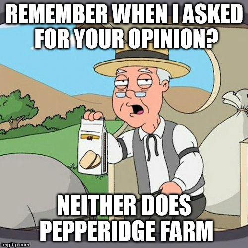 Pepperidge Farm Remembers Meme | REMEMBER WHEN I ASKED FOR YOUR OPINION? NEITHER DOES PEPPERIDGE FARM | image tagged in memes,pepperidge farm remembers | made w/ Imgflip meme maker