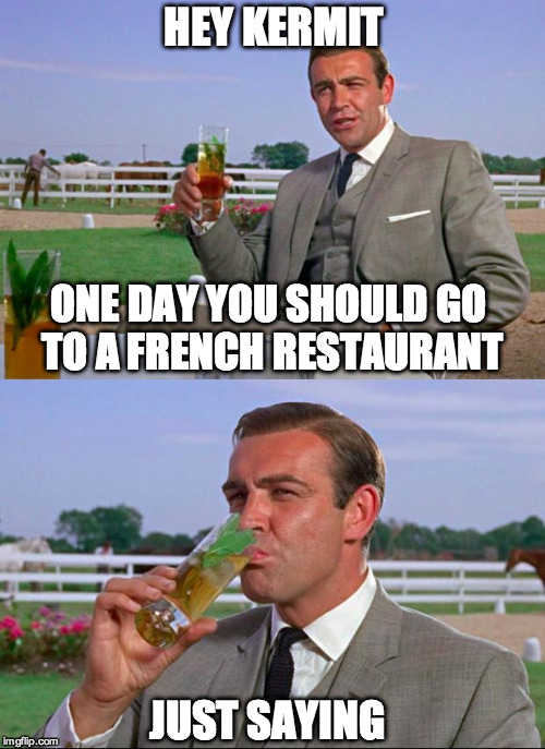 Sean | HEY KERMIT ONE DAY YOU SHOULD GO TO A FRENCH RESTAURANT JUST SAYING | image tagged in sean | made w/ Imgflip meme maker