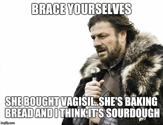 Brace Yourselves X is Coming Meme | BRACE YOURSELVES SHE BOUGHT VAGISIL..SHE'S BAKING BREAD AND I THINK IT'S SOURDOUGH | image tagged in memes,brace yourselves x is coming | made w/ Imgflip meme maker