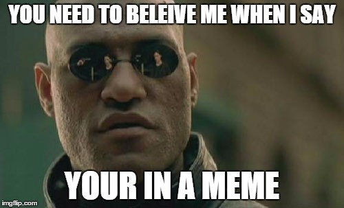 Matrix Morpheus Meme | YOU NEED TO BELEIVE ME WHEN I SAY YOUR IN A MEME | image tagged in memes,matrix morpheus | made w/ Imgflip meme maker