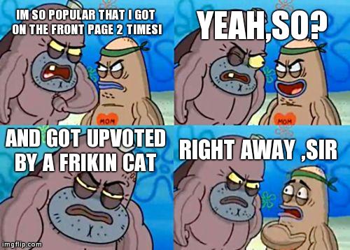 HOW POPULAR AM I? | IM SO POPULAR THAT I GOT ON THE FRONT PAGE 2 TIMES! YEAH,SO? AND GOT UPVOTED BY A FRIKIN CAT RIGHT AWAY ,SIR | image tagged in memes,how tough are you | made w/ Imgflip meme maker