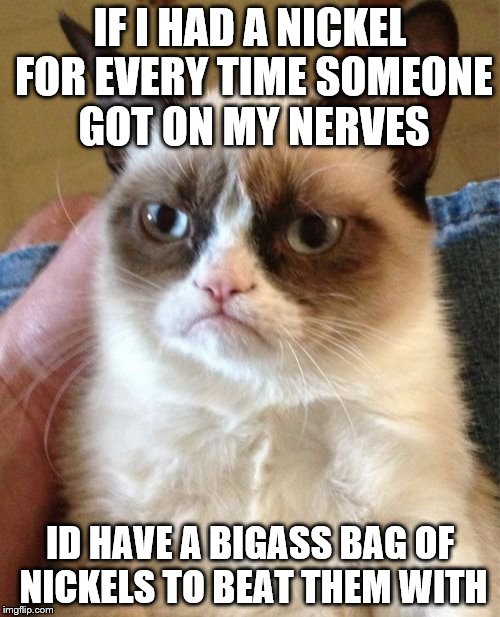 Grumpy Cat | IF I HAD A NICKEL FOR EVERY TIME SOMEONE GOT ON MY NERVES ID HAVE A BIGASS BAG OF NICKELS TO BEAT THEM WITH | image tagged in memes,grumpy cat | made w/ Imgflip meme maker