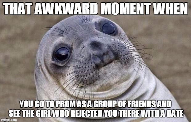 Awkward Moment Sealion Meme | THAT AWKWARD MOMENT WHEN YOU GO TO PROM AS A GROUP OF FRIENDS AND SEE THE GIRL WHO REJECTED YOU THERE WITH A DATE | image tagged in memes,awkward moment sealion | made w/ Imgflip meme maker