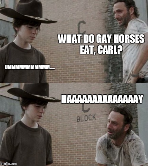 Rick and Carl | WHAT DO GAY HORSES EAT, CARL? UMMMMMMMMMMM..... HAAAAAAAAAAAAAAY | image tagged in memes,rick and carl | made w/ Imgflip meme maker