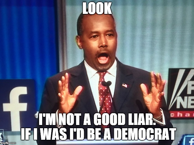 Surprised Ben Carson | LOOK I'M NOT A GOOD LIAR. IF I WAS I'D BE A DEMOCRAT | image tagged in surprised ben carson | made w/ Imgflip meme maker