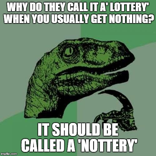 Philosoraptor | WHY DO THEY CALL IT A' LOTTERY' WHEN YOU USUALLY GET NOTHING? IT SHOULD BE CALLED A 'NOTTERY' | image tagged in memes,philosoraptor | made w/ Imgflip meme maker