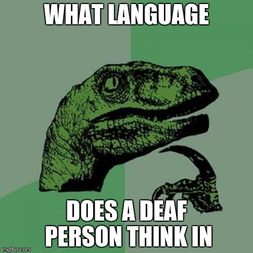 Philosoraptor Meme | WHAT LANGUAGE DOES A DEAF PERSON THINK IN | image tagged in memes,philosoraptor | made w/ Imgflip meme maker