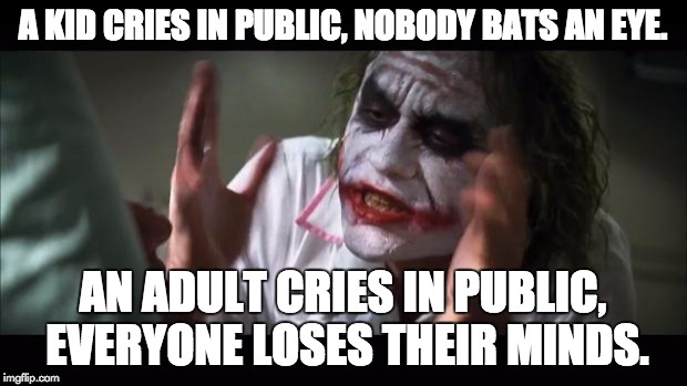 And everybody loses their minds Meme | A KID CRIES IN PUBLIC, NOBODY BATS AN EYE. AN ADULT CRIES IN PUBLIC, EVERYONE LOSES THEIR MINDS. | image tagged in memes,and everybody loses their minds | made w/ Imgflip meme maker
