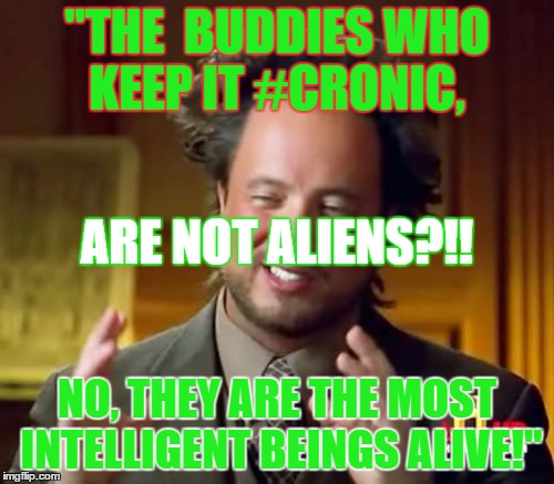 Ancient Aliens Meme | "THE  BUDDIES WHO KEEP IT #CRONIC, NO, THEY ARE THE MOST INTELLIGENT BEINGS ALIVE!" ARE NOT ALIENS?!! | image tagged in memes,ancient aliens | made w/ Imgflip meme maker
