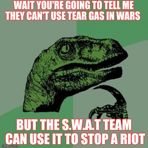 Philosoraptor | WAIT YOU'RE GOING TO TELL ME THEY CAN'T USE TEAR GAS IN WARS BUT THE S.W.A.T TEAM CAN USE IT TO STOP A RIOT | image tagged in memes,philosoraptor | made w/ Imgflip meme maker