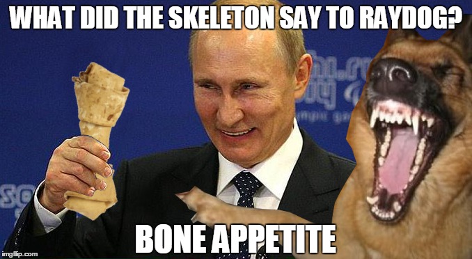 Putin drooling | WHAT DID THE SKELETON SAY TO RAYDOG? BONE APPETITE | image tagged in memes,vladimir putin | made w/ Imgflip meme maker