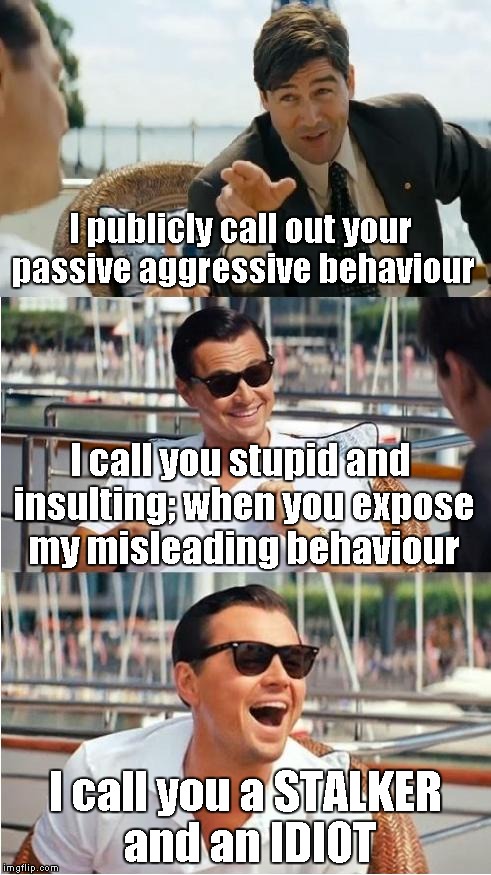 Leonardo Dicaprio Wolf Of Wall Street V2 | I publicly call out your passive aggressive behaviour I call you a STALKER and an IDIOT I call you stupid and insulting; when you expose my  | image tagged in leonardo dicaprio wolf of wall street v2 | made w/ Imgflip meme maker